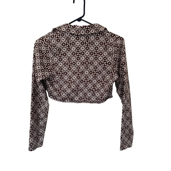 Divided by H&M Cotton Blend Floral Checkered Long Sleeve Crop Top Brown M - Picture 2 of 4